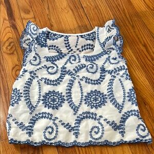 Blue and White Embroidered Sleeveless Top